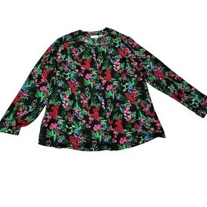 JOAN RIVERS Womens 1X Black Floral Print Long Sleeve V Neck Blouse Top
